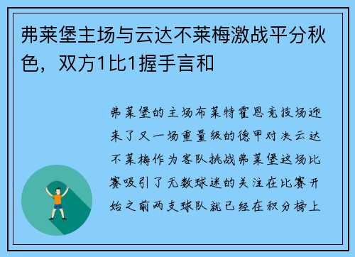弗莱堡主场与云达不莱梅激战平分秋色，双方1比1握手言和